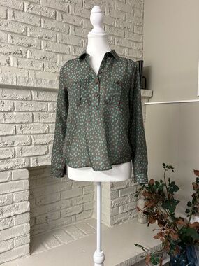 LOFT Olive Button-Up Shirt with Teal Heart Print- SHEER. Size Small